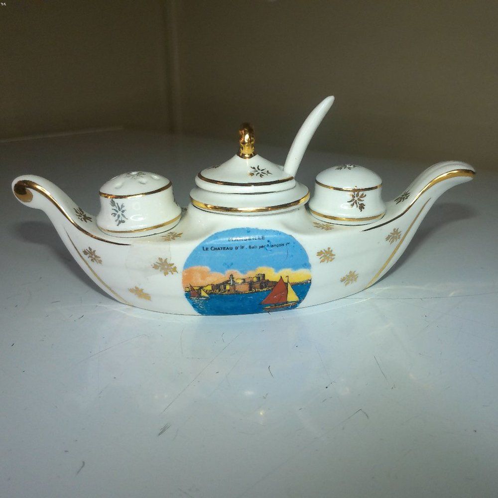 1960s vintage boat salt pepper mustard/jelly has spoon good shape what you see i